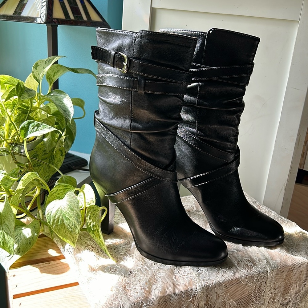 Sofft Black Leather High Heeled Boots with Buckles